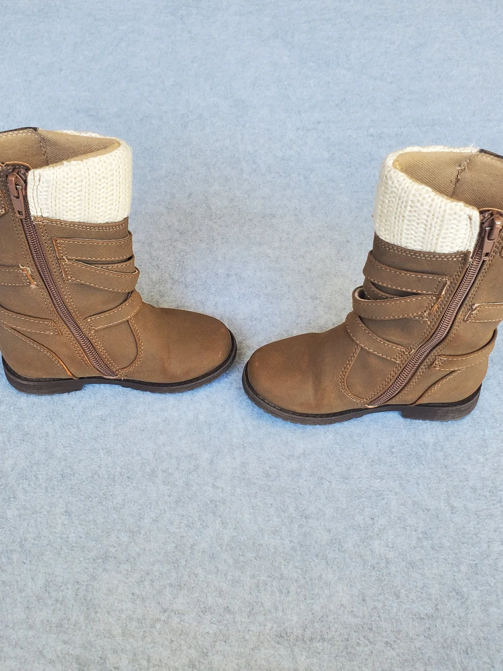 Rachel Shoes Brown Kids Boots with Cream Knit Cuff and Buckle Straps